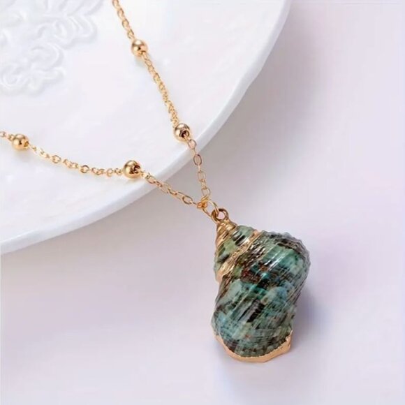 Private Label Jewelry - NEW Myrna 18K Gold Plated Dipped Verdigris Green Conch Shell Chain Necklace